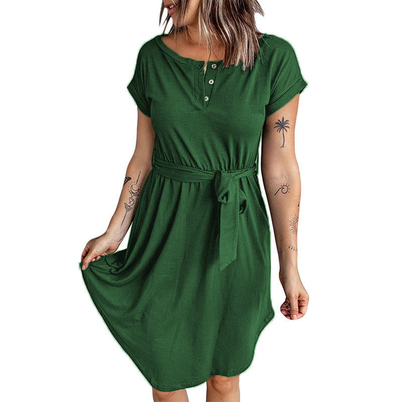 Damen lässiges Knopfkleid mit Taillengürtel und kurzem Ärmel EB