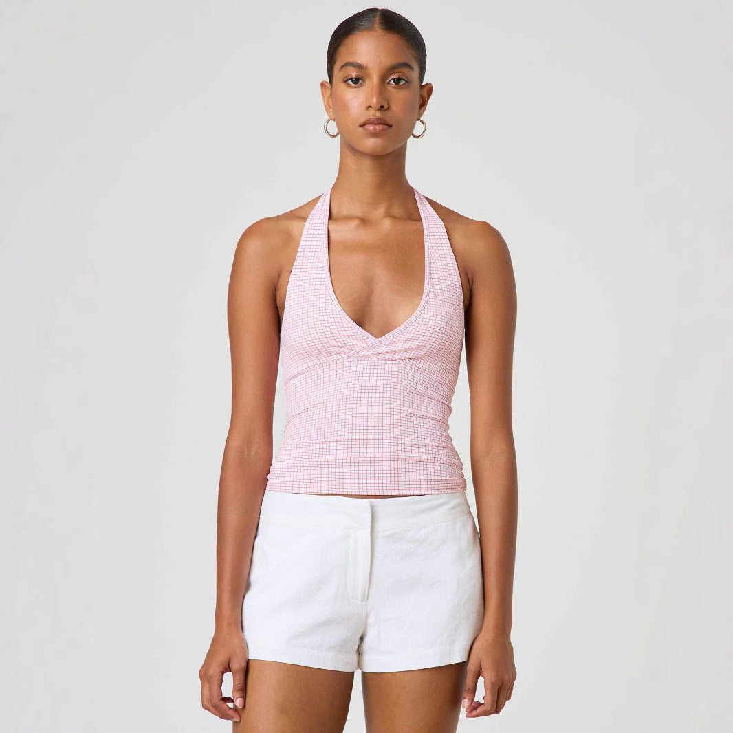 Damen Halter-Top mit Punktmuster und V-Ausschnitt EB