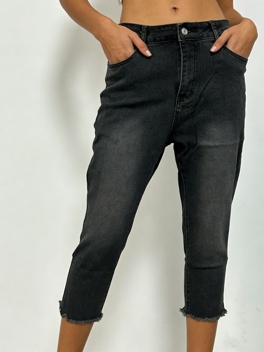 Damen nan schmale knöchellange Jeans mit rohem Fransenabschluss und mittelhoher Taille EB