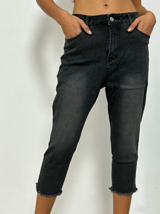 Damen nan schmale knöchellange Jeans mit rohem Fransenabschluss und mittelhoher Taille EB