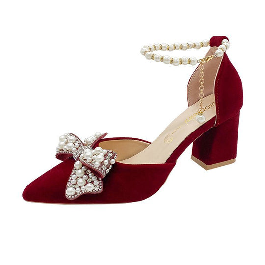 Damen elegante Pumps mit funkelndem Schleifen-Design und Perlenakzenten EB