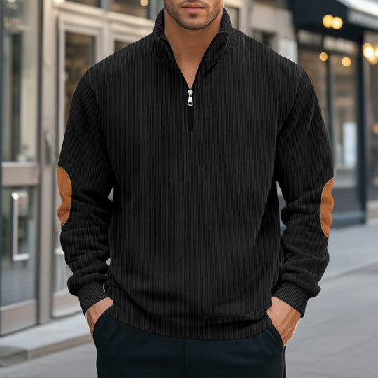 Herren nan Troyer-Halbfleecepullover mit Rippstruktur, elastischen Bündchen und Kontrast-Ellenbogenpatches EB