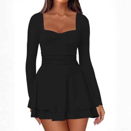 Damen Langarm-Minikleid mit quadratischem Ausschnitt, taillierter Raffung und zweilagigem Volantrock EB