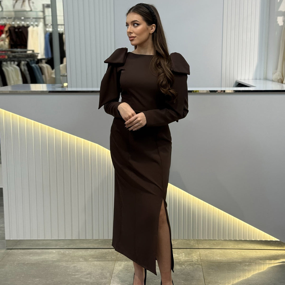 Damen Maxi-Kleid mit eleganten Puffärmeln und seitlichem Schlitz EB