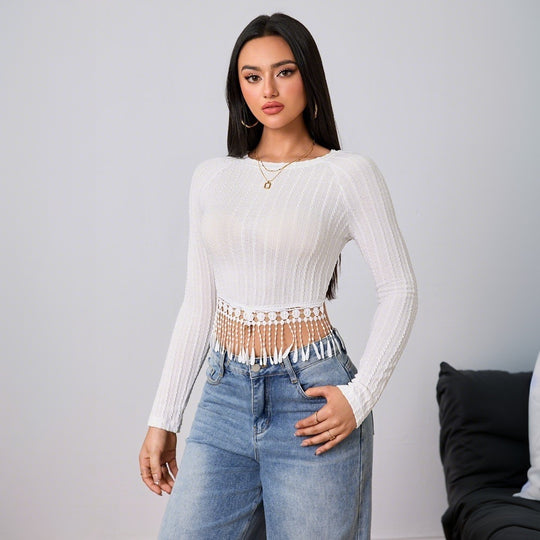 Damen gehäkeltes Crop-Longsleeve mit Fransen-Bordüre und Rippstruktur Eichborn Berlin