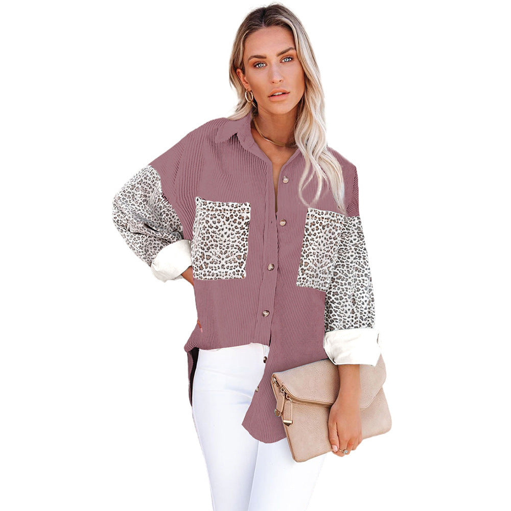 Damen nan oversized Hemdbluse mit Strukturstoff, Kontrastärmeln im Leo-Print und aufgesetzten Taschen EB