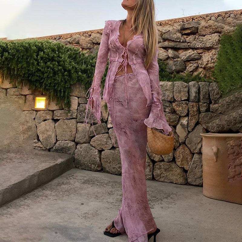 Damen Elegantes Cut-Out Maxikleid mit fließendem Stoff und raffinierten Rüschendetails EB