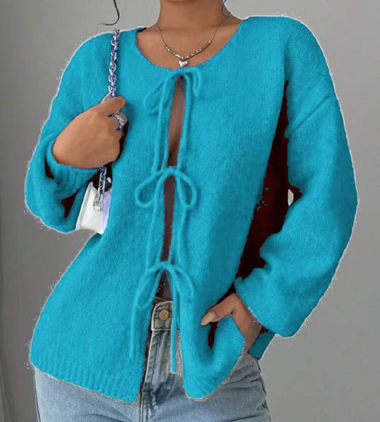 Damen Oversized Strickpullover mit dekorativem Schnürdetail EB