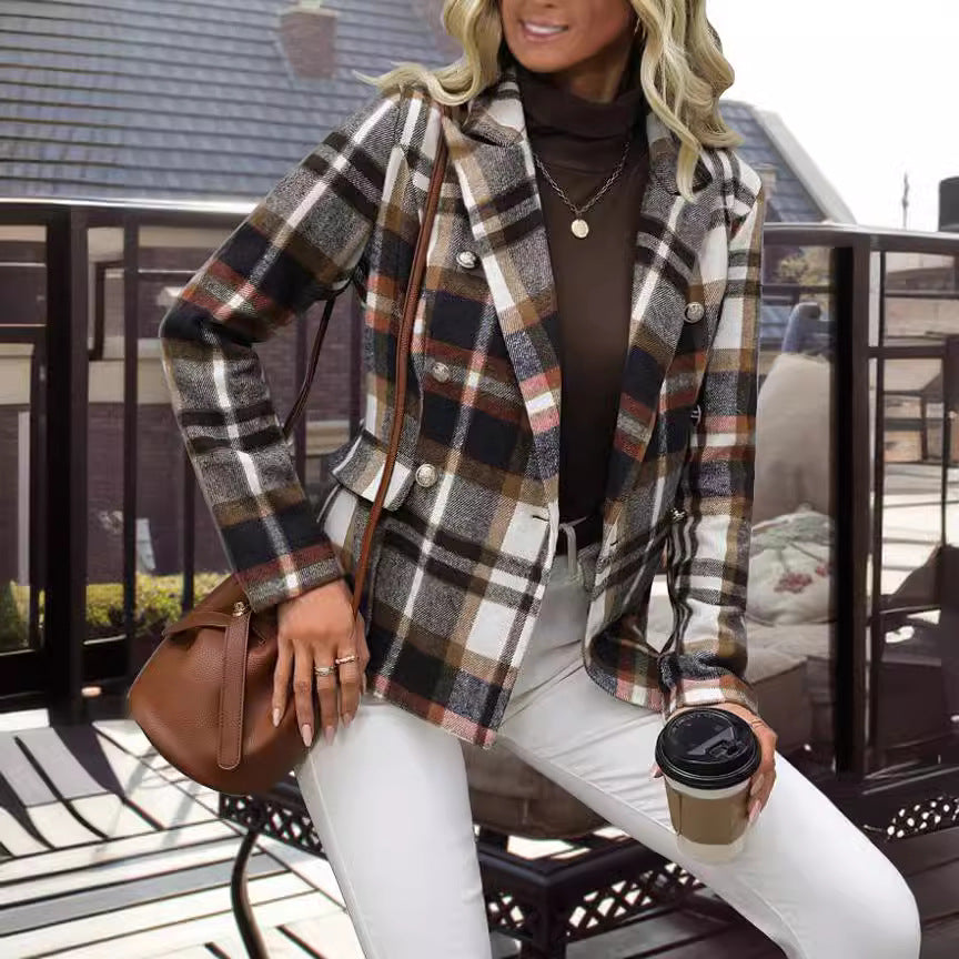 Damen kariertes Zweireiher-Blazerjacke mit eleganten Knopfdetails und maßgeschneidertem Schnitt EB