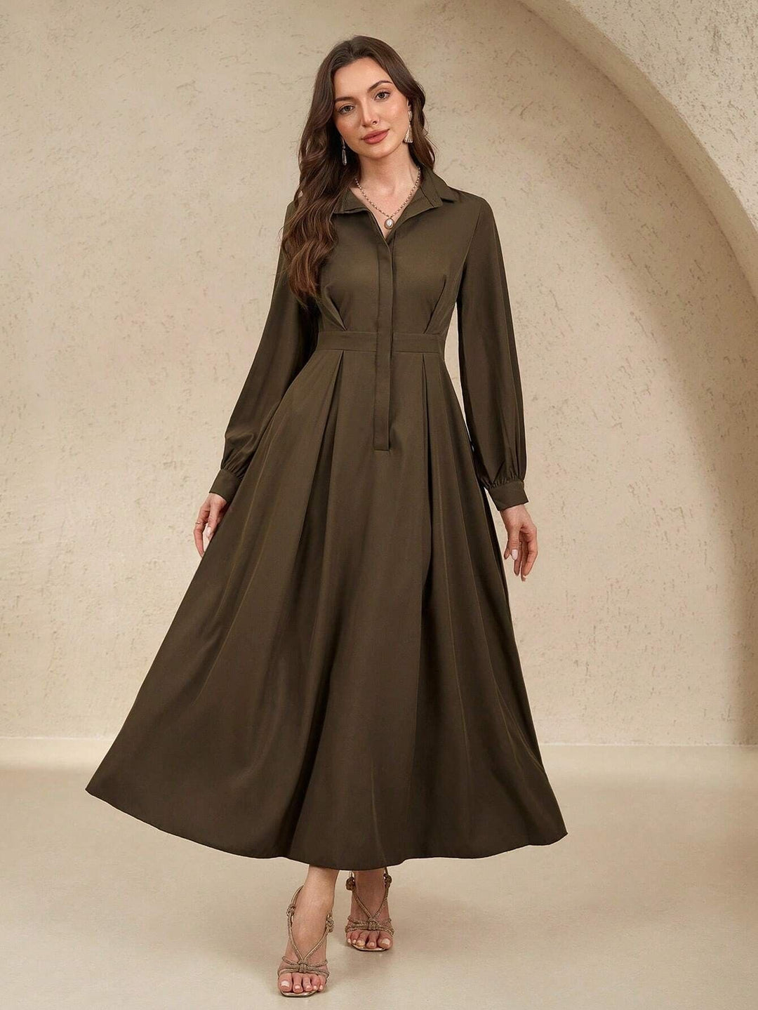 Damen nan langes Hemdblusenkleid mit Taillengürtel, verdeckter Knopfleiste und ballonärmeln EB