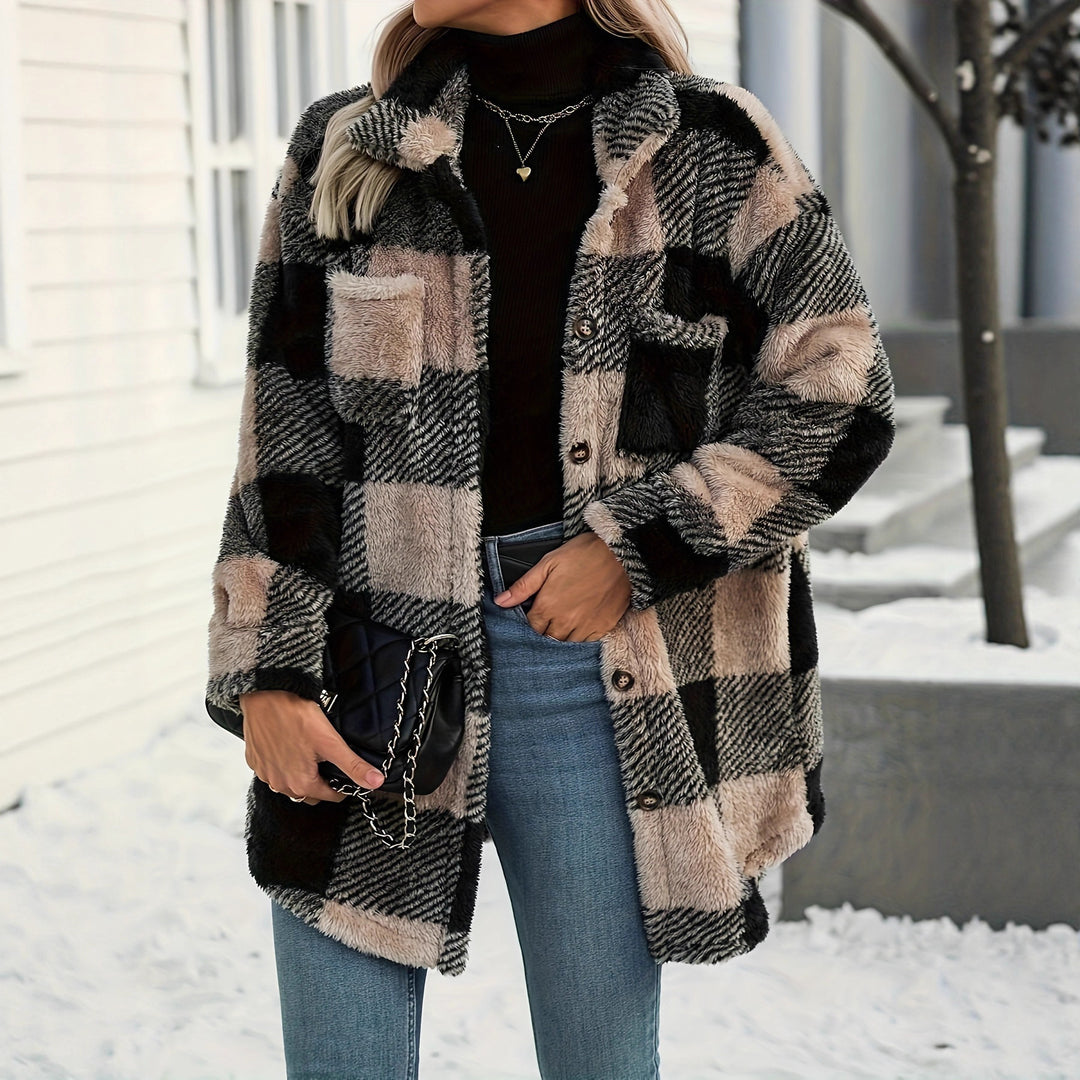 Damen Teddyjacke mit kariertem Muster und weichem Fell EB