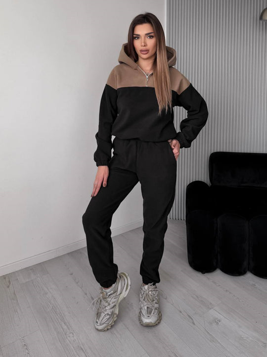 Damen Zweiteiliges Farbblock-Loungewear-Set mit halbem Reißverschluss und schmaler Jogginghose EB