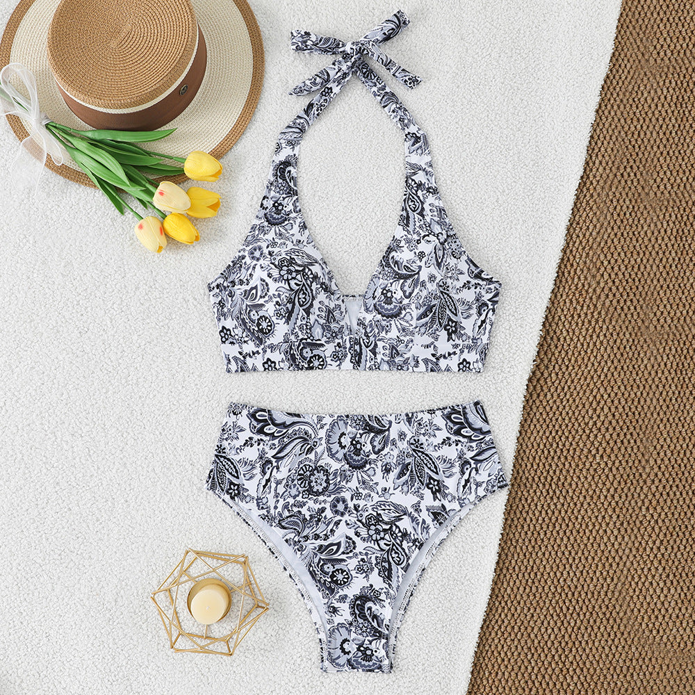 Damen Bikini-Set mit hoch geschnittenem Hosenrock und floralem Muster EB