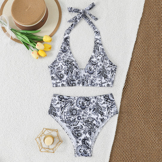 Damen Bikini-Set mit hoch geschnittenem Hosenrock und floralem Muster EB
