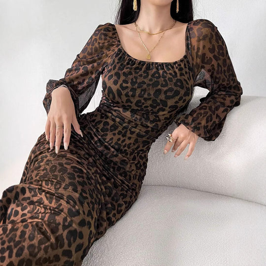Damen elegantes Kleid mit Leopardenmuster und Puffärmeln EB