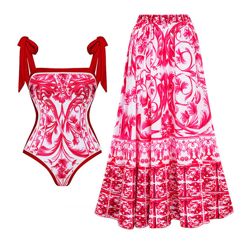 Damen Badeanzug-Set mit elegantem Floral-Design und passender Strandhose EB