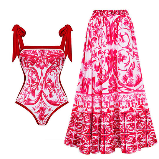 Damen Badeanzug-Set mit elegantem Floral-Design und passender Strandhose EB