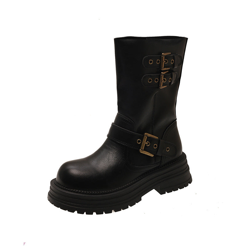 Damen Robuste Schnürstiefel mit dekorativen Schnallen und stabiler Sohle EB