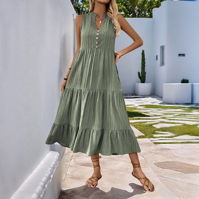 Damen Midikleid mit Knopfleiste und voluminösen Rüschendetails EB