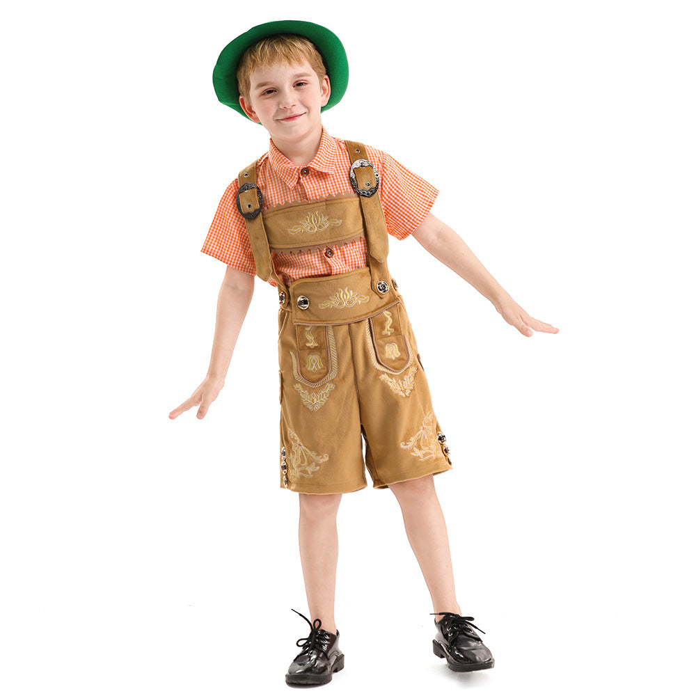 Unisex nan traditionelles Kinder Trachten-Set Lederhose mit Stickerei und kariertem Hemd EB