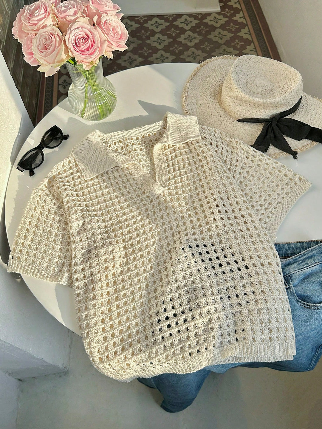 Damen luftiges Strickoberteil mit modernem Netzdesign EB