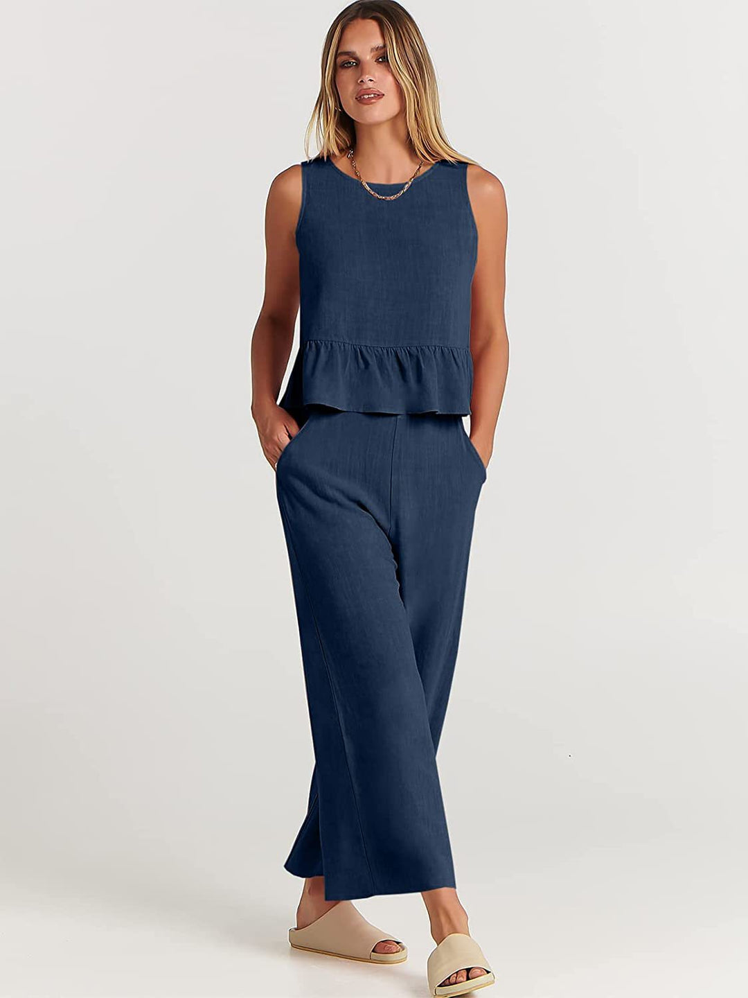 Damen Zweiteiler-Set mit schickem Peplum-Oberteil und weit geschnittenen Hosen EB