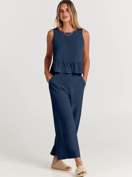 Damen Zweiteiler-Set mit schickem Peplum-Oberteil und weit geschnittenen Hosen EB
