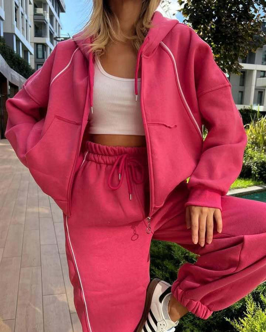 Damen nan kurzes Zip-Hoodie und Highwaist Jogginghose Set mit elastischem Komfortbund und seitlicher Paspel EB