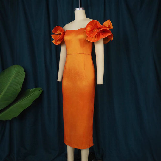 Damen figurbetontes Abendkleid mit voluminösen Rüschenträgern EB