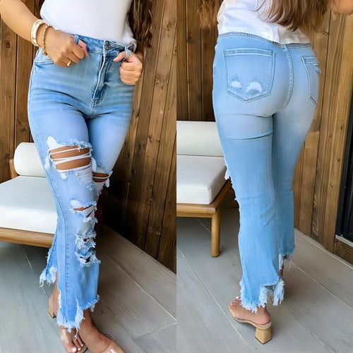 Damen Flared Jeans mit modischen Destroyed-Details und hoch geschnittenem Bund EB