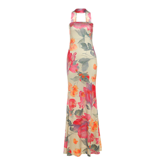 Damen Elegantes Maxikleid mit floralem Muster und schicker Rückenschnürung EB