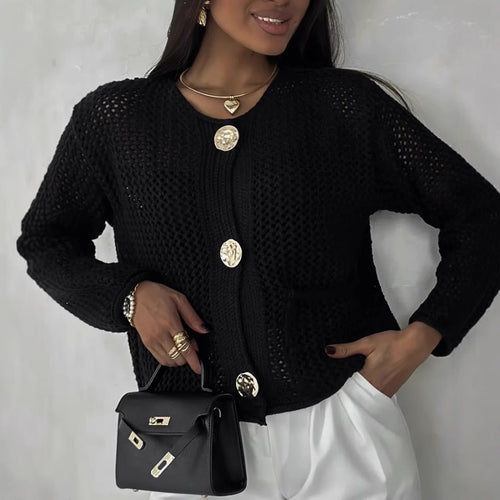 Damen luftiger Strickjacke mit dekorativem Netzdesign und praktischen Taschen EB