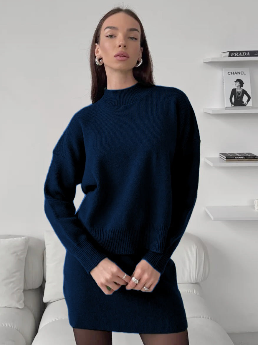 Damen kuscheliges Strickensemble mit hochgeschlossenem Design und ausgestelltem Rock EB