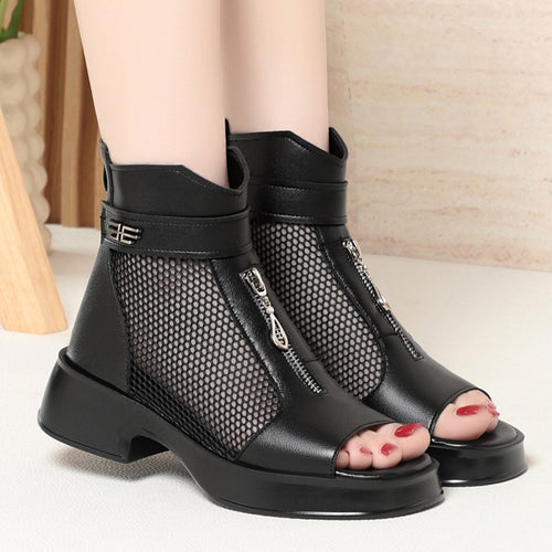 Damen Offene Stiefeletten mit Netzdesign und modischem Reißverschluss EB