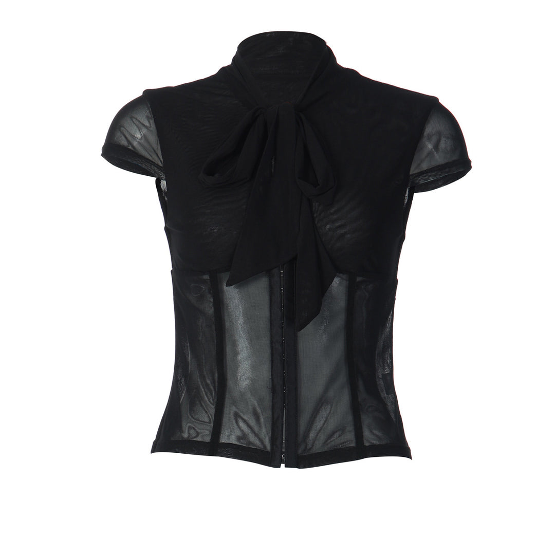 Damen Edles Spitzenoberteil mit dekorativer Schleife und transparentem Design EB