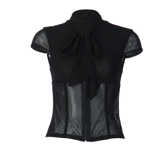 Damen Edles Spitzenoberteil mit dekorativer Schleife und transparentem Design EB