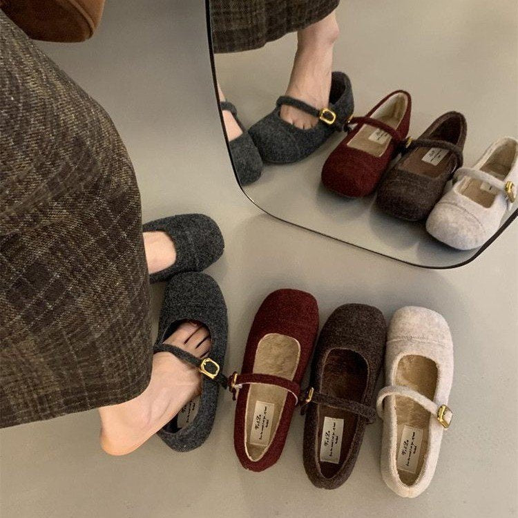 Damen elegante Filz-Ballerinas mit dekorativem Riemchen EB