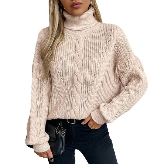 Damen Strickpullover mit hohem Kragen und Zopfmuster EB