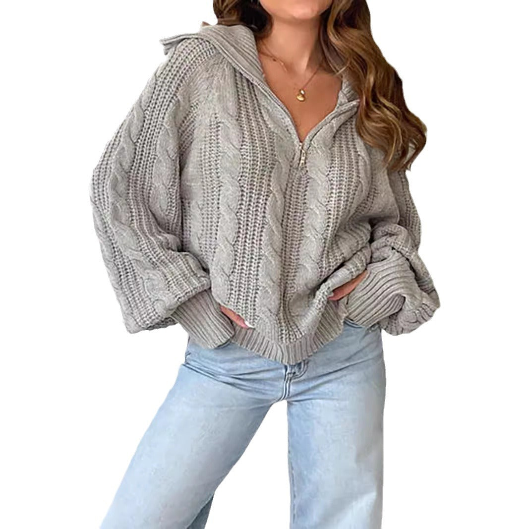 Damen lässiger Strickpullover mit weichem Zopfmuster und praktischer Kapuze EB