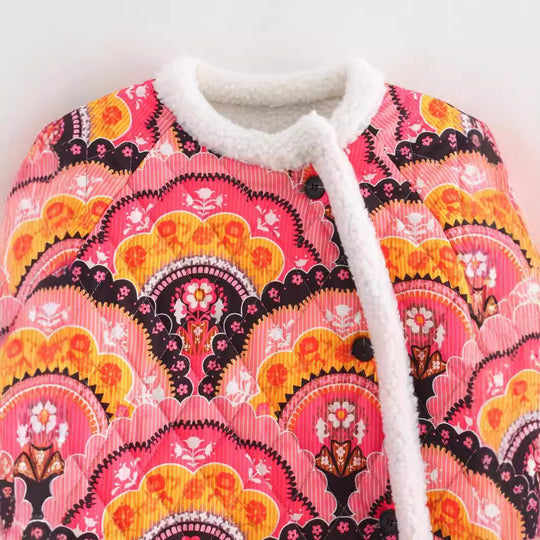 Damen gesteppte Überwurfjacke mit buntem Muster und flauschigem Innenfutter EB