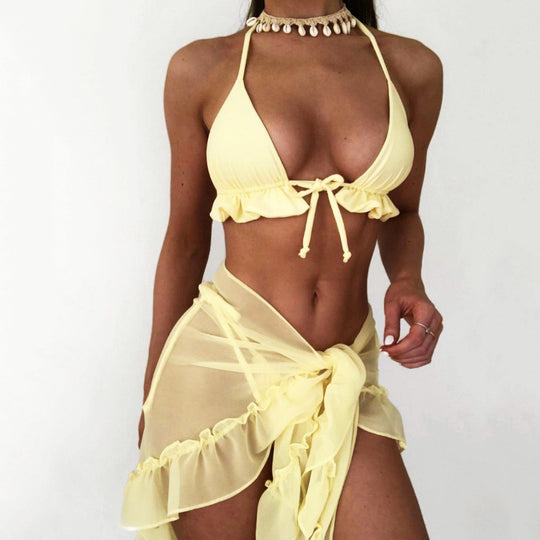 Damen Bikini-Set mit rüschenverziertem Oberteil und transparentem Wickelrock EB