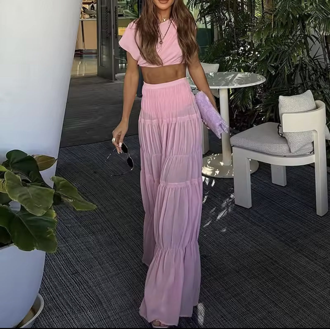 Damen Set aus modischem Crop-Top und Maxi-Rock mit Rüschendetails EB