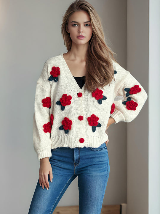Damen Strickjacke mit floralen Applikationen und knöpfbarem Design EB