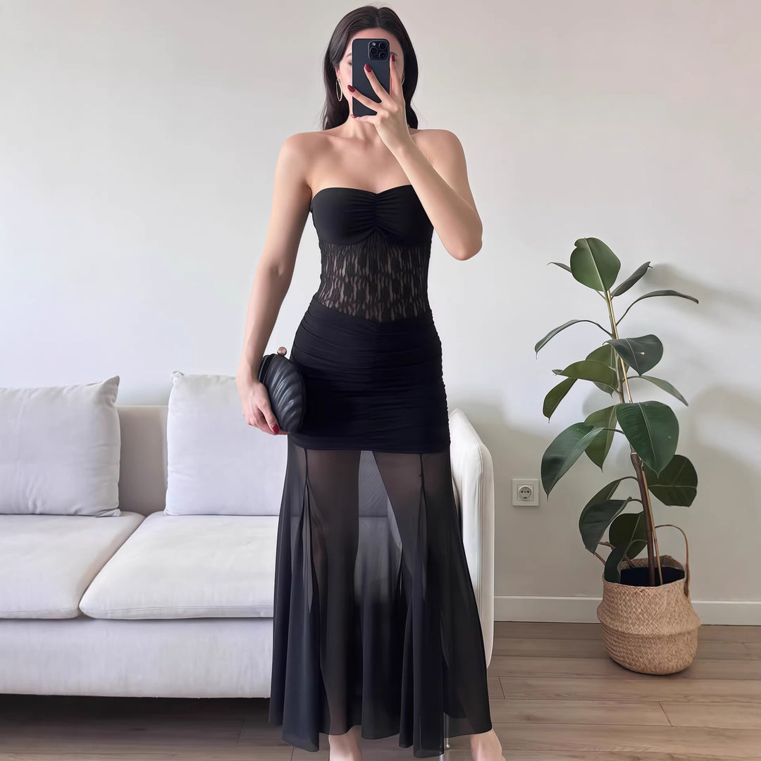 Damen Elegantes bodenlanges Kleid mit Spitzenakzenten EB