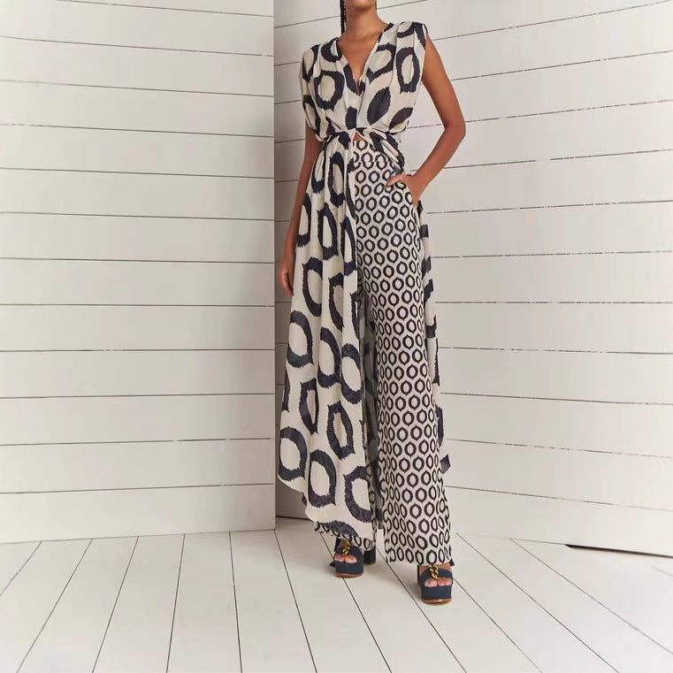 Damen Eleganter Jumpsuit mit Wickelgürtel und geometrischem Muster EB