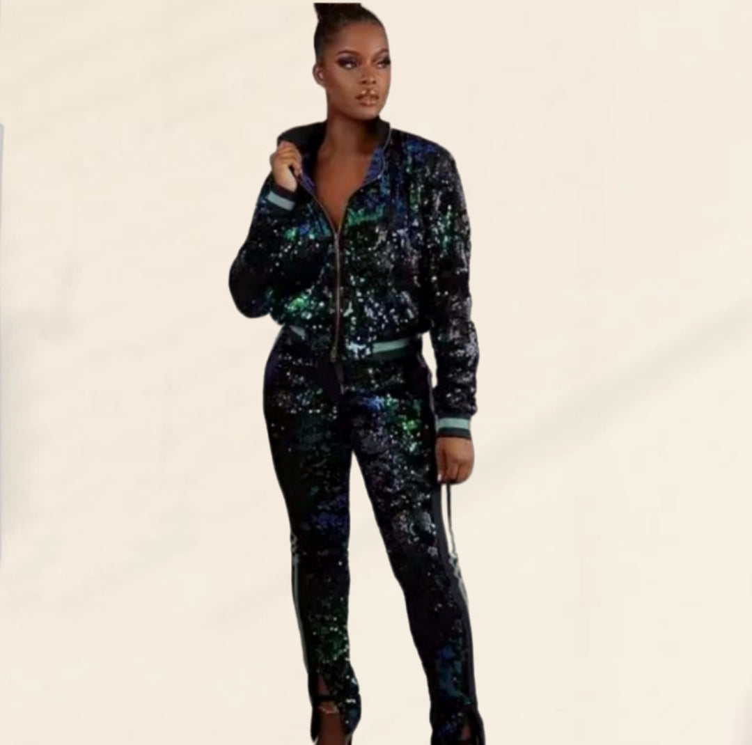 Damen Glitzerndes Sportanzug-Set mit trendigen Streifen EB