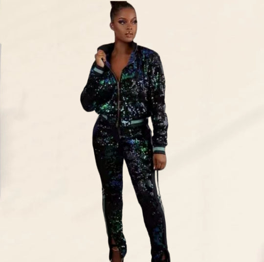 Damen Glitzerndes Sportanzug-Set mit trendigen Streifen EB