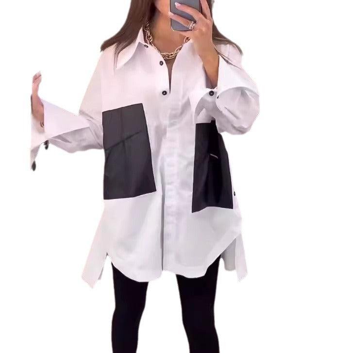 Damen Oversized Bluse mit Kontrast-Taschen Heidi-Mode