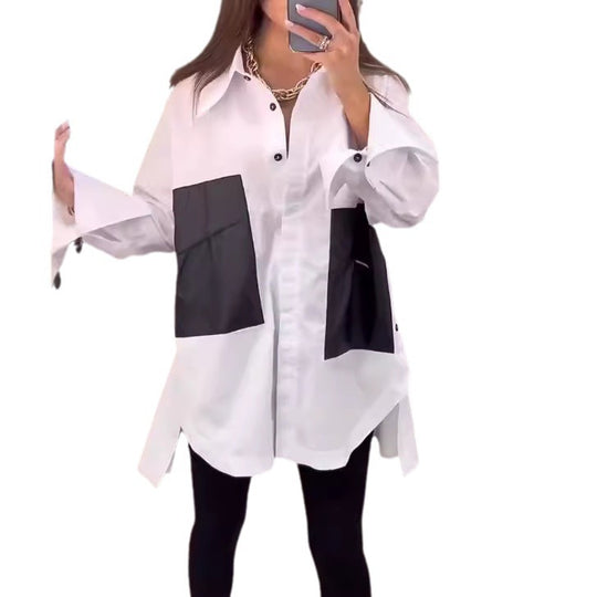 Damen Oversized Bluse mit Kontrast-Taschen Heidi-Mode