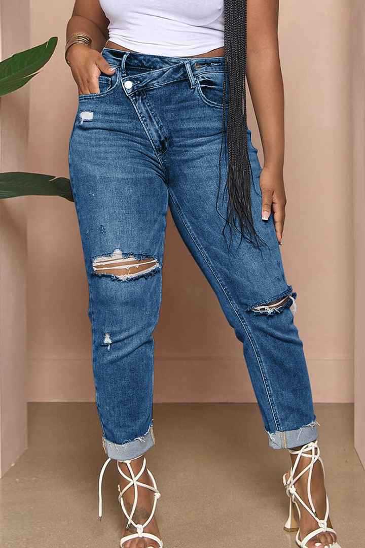 Damen lässige Mom-Jeans mit trendigen Rissen EB